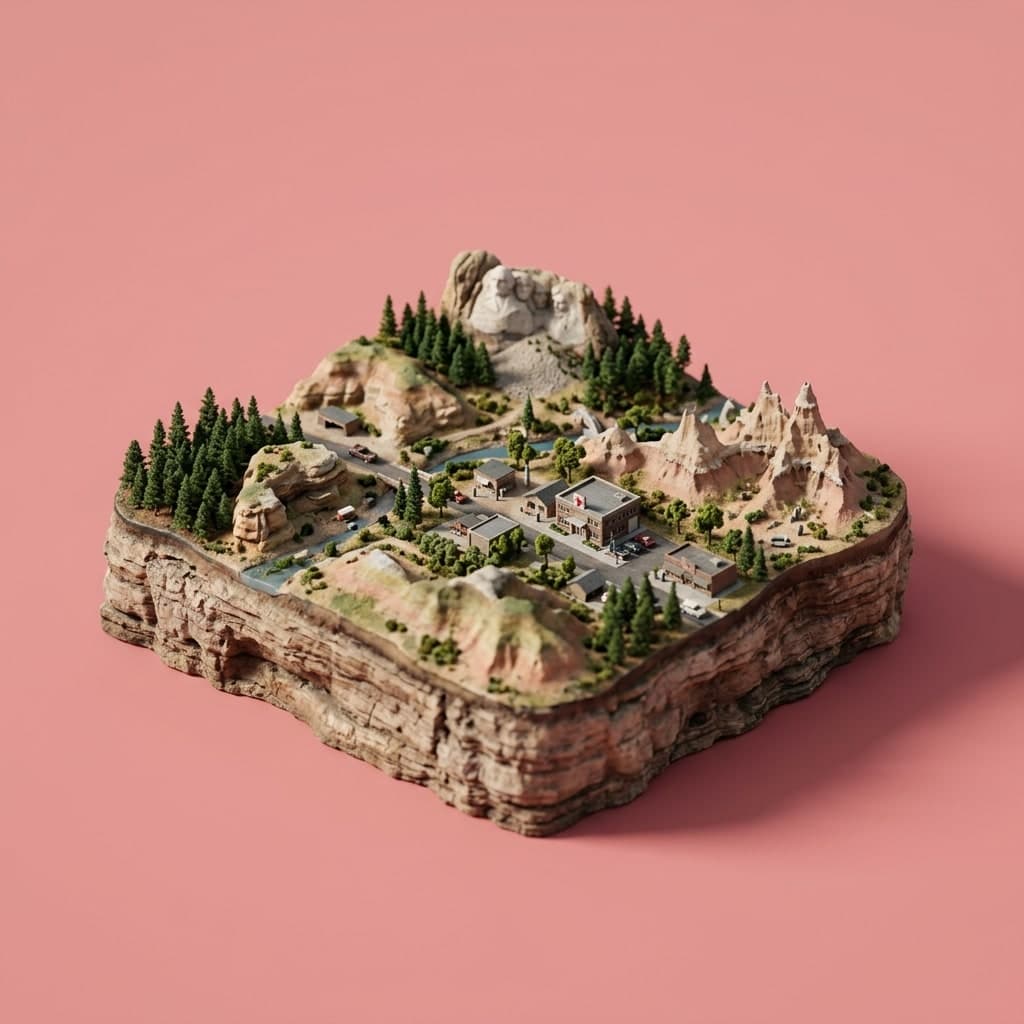 Illustrated diorama representing South Dakota